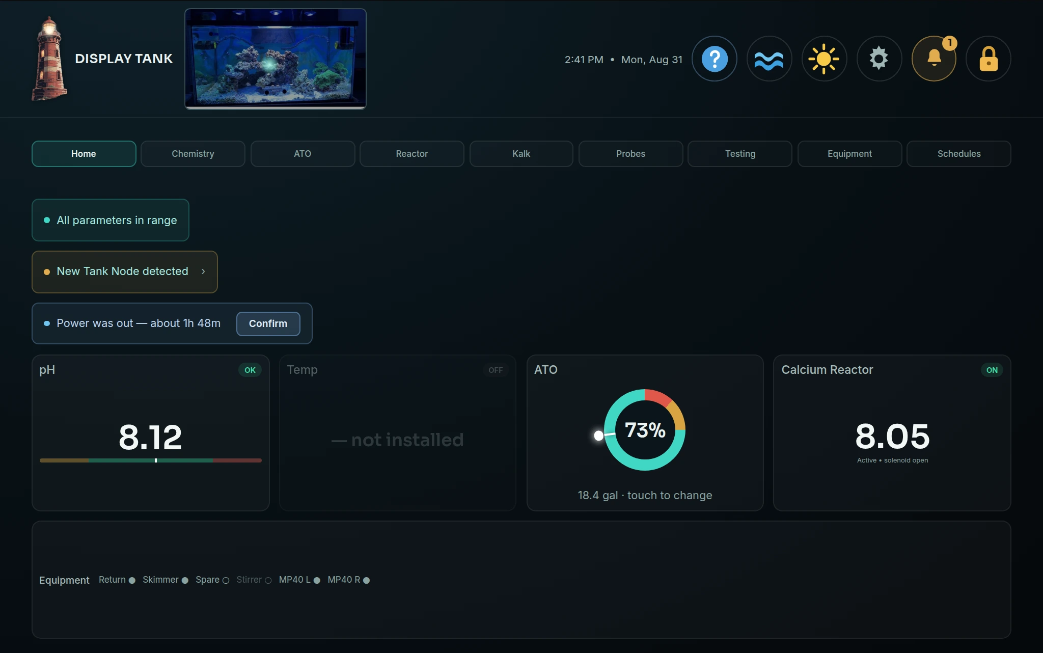 The Pharos Pod dashboard showing tabs across the top and live parameter tiles