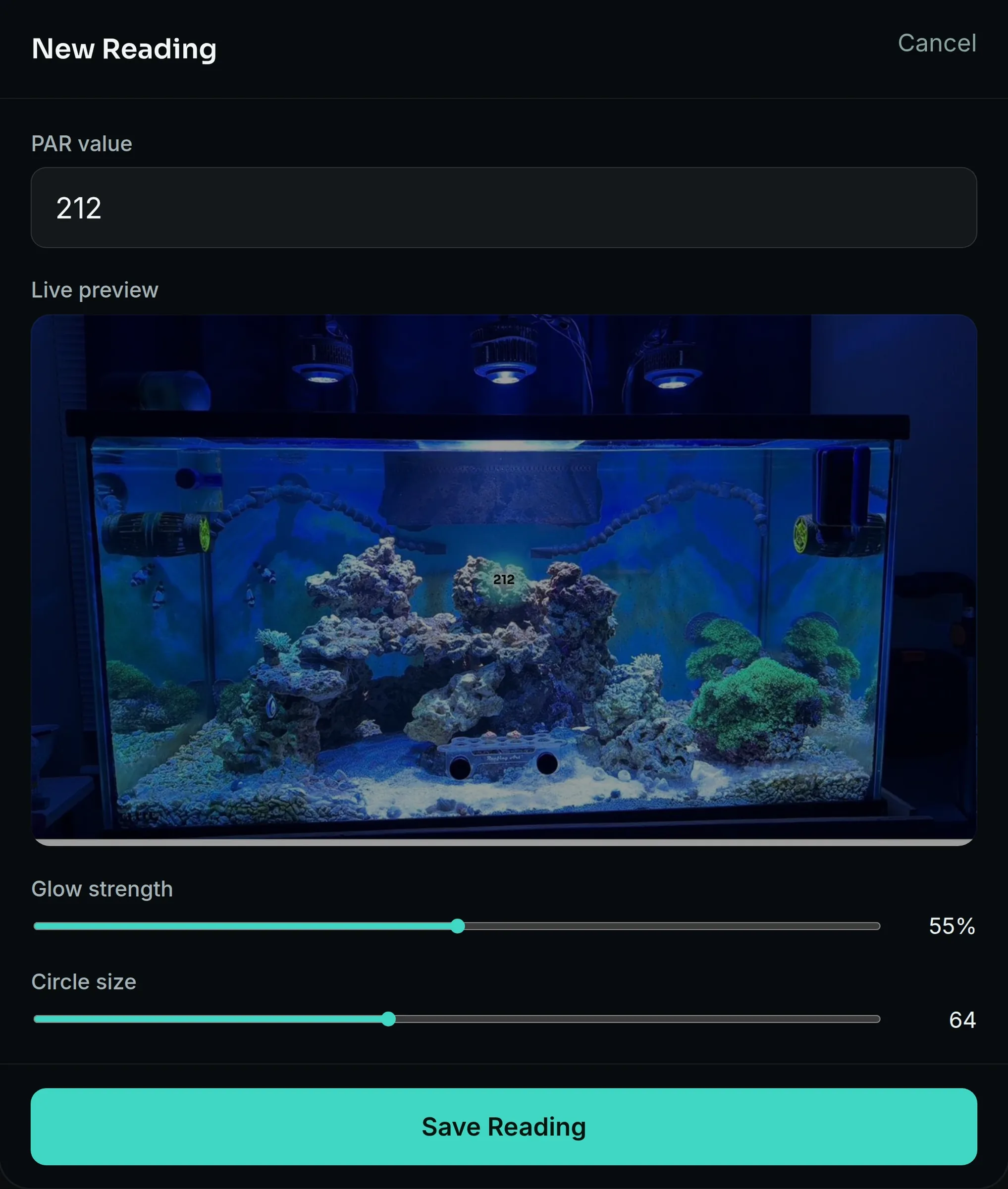 The PAR map's reading editor: a value typed in, with a live preview of the marker sitting on the tank photo