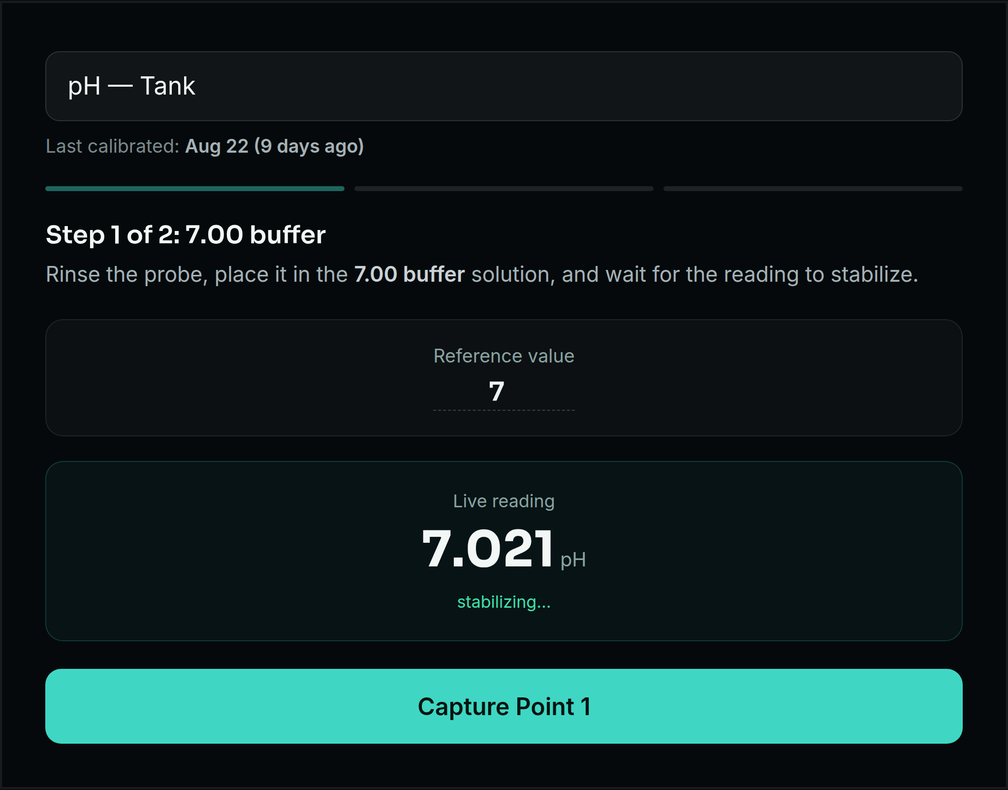 A two step probe calibration screen showing a live reading stabilizing