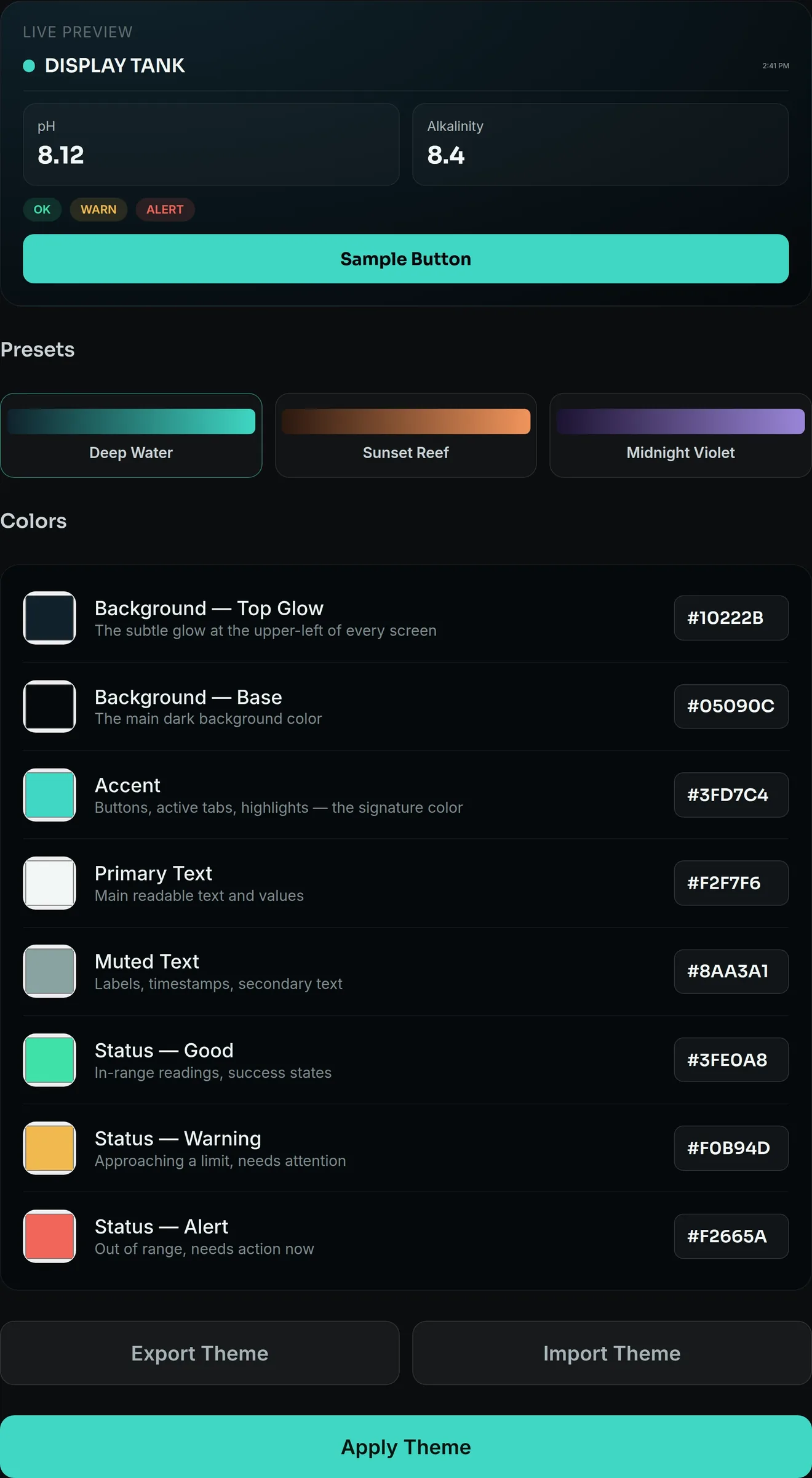 The theme editor: a live preview of the dashboard above three preset palettes, then every color listed by the job it does with its hex value, and buttons to export, import or apply the theme
