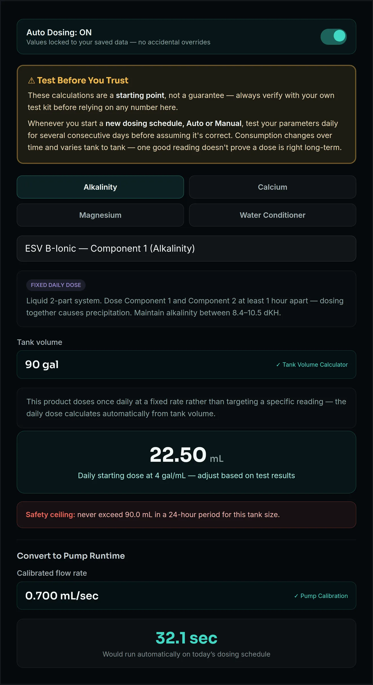 A dosing calculator carrying a warning that calculations are a starting point, not a guarantee